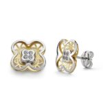 18K PENDIENTES ORO BICOLOR TREBOL CIRCONITA 9 MM CIERRE PRESION