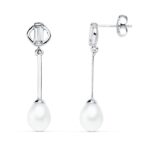 9K PENDIENTES LARGOS ORO BLANCO PERLA CIERRE PRESION