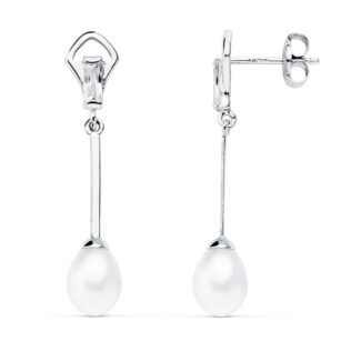 18K PENDIENTES ORO BLANCO PERLA 31X6 MM CIERRE PRESION