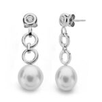 18K PENDIENTES ORO BLANCO PERLA CIRCONITA 29X9 MM CIERRE PRESION