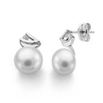 18K PENDIENTES ORO BLANCO PERLA CIRCONITA 11X7 MM CIERRE PRESION