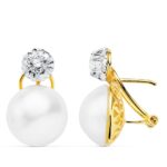 18K PENDIENTES PERLA JAPONESAS ORO BICOLOR 13,5-14 MM CIERRE OMEGA