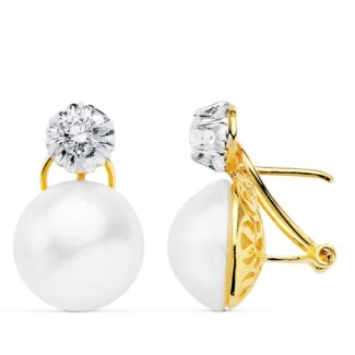 18K PENDIENTES PERLA JAPONESAS ORO BICOLOR 13,5-14 MM CIERRE OMEGA