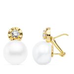 18K PENDIENTES ORO AMARILLO CIRCONITA PERLA BOTON 18X11 MM CIERRE OMEGA