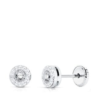 18K PENDIENTES ORO BLANCO CHATON CON GRECA Y CIRCONITA 3 MM CIERRE TUERCA