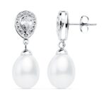 18K PENDIENTES ORO BLANCO PERLA 27X9 MM CIERRE PRESION