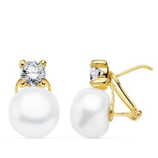 18K PENDIENTES ORO AMARILLO PERLA 16X10 MM CIERRE OMEGA