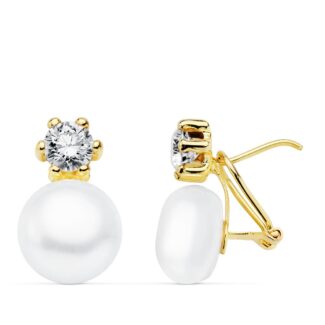 18K PENDIENTES ORO AMARILLO PERLA 17X10 MM CIERRE OMEGA