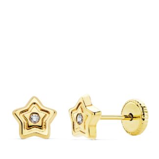 18K PENDIENTES ORO AMARILLO ESTRELLA CIRCONITA 6X6 MM CIERRE TUERCA