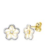 18K PENDIENTES ORO BICOLOR FLOR Y CIRCONITA 8X8 MM CIERRE PRESION