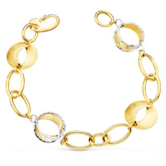 18K PULSERA ORO BICOLOR ESLABONES OVALES Y MOTIVOS REDONDOS RAYADOS, 20CM