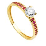 18K SOLITARIO ORO AMARILLO GARRAS CIRCONITA 5 MM Y CIRCONITA ROJAS