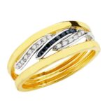 18K SORTIJA ORO BICOLOR BANDAS Y CIRCONITA BLANCAS Y AZULES, ANCHO CUERPO 6 MM