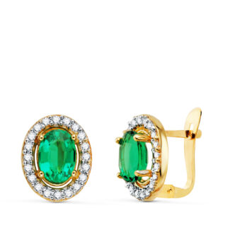18K PENDIENTES ORO BICOLOR OVAL ESMERALDA 7X5 MM - 1,54 QT, 11X9 MM, CIERRE CATALAN