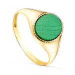 18K SELLO ORO AMARILLO BRILLO CON PIEDRA OVAL MALAQUITA 10 X 8 MM ,
