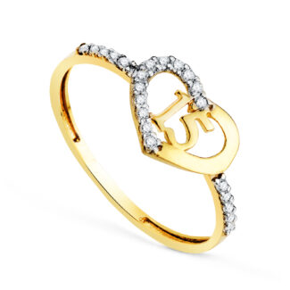 18K SORTIJA ORO BICOLOR CORAZON CON NUMERO 15 Y CIRCONITAS