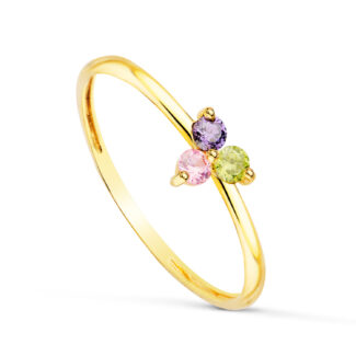 18K SORTIJA ORO AMARILLO TRIANGULO CON CIRCONITAS COLORES, ANCHO: 2,5 MM