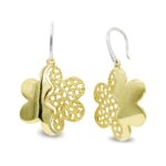 18K PENDIENTES ORO BICOLOR LARGOS FLOR CIERRE GANCHO