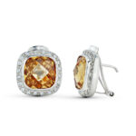 18K PENDIENTES ORO BLANCO PIEDRA TOPACIO CON CIRCONITA 19X17 MM, CIERRE OMEGA