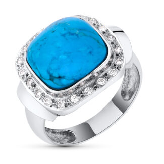 18K SORTIJA ORO BLANCO CON TURQUESA DE 12 MM Y CIRCONITAS, ANCHO: 17 MM