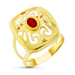 18K SORTIJA ORO AMARILLO MOTIVO CALADO CON CIRCONITA GRANATE, ANCHO: 21 MM
