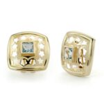 18K PENDIENTES ORO AMARILLO AGUA MARINA 5MM CALADO CIERRE OMEGA