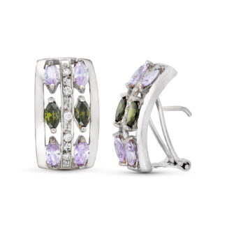 18K PENDIENTES PIEDRAS VERDES Y MALVA 18 X 11 MM CIERRE OMEGA