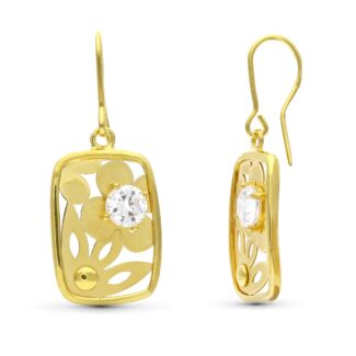 18K PENDIENTES ORO AMARILLO FLOR LASER CON CIRCONITA 22X14 MM CIERRE GANCHO