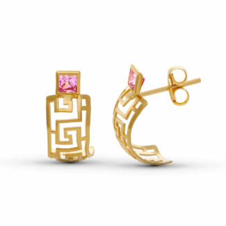 18K PENDIENTES ORO AMARILLO GRECA CIRCONITA CUADRADA 15X6 MM CIERRE PRESION