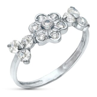 18K SORTIJA ORO BLANCO FLOR CON CIRCONITAS, ANCHO 7 MM