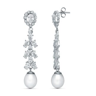 18K PENDIENTES NOVIA DOS CUERPOS PERLA CULTIVADA ORO BLANCO 47X8 MM PRESION