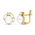 18K PENDIENTES ORO AMARILLO PERLA Y CIRCONITA 9X9 MM CIERRE CATALAN