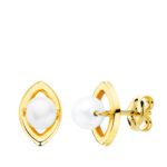 18K PENDIENTES ORO AMARILLO PERLA ROMBO, 10X7 MM CIERRE PRESION