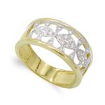 18K SORTIJA ORO BICOLOR CON BORDES LISOS Y CENTRO CALADA DE CIRCONITAS, ANCHO: 9,5 MM