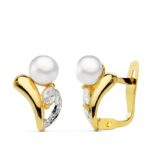 18K PENDIENTES ORO BICOLOR PERLA Y PIEDRA 11X8 MM CIERRE CATALAN