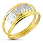 18K SORTIJA ORO BICOLOR DOS CUERPOS CALADA CON CIRCONITA OVAL, ANCHO 7 MM