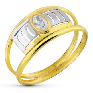 18K SORTIJA ORO BICOLOR DOS CUERPOS CALADA CON CIRCONITA OVAL, ANCHO 7 MM