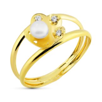 18K SORTIJA ORO BICOLOR DOBLE CUERPO FLOR CON PERLA 4 MM Y CIRCONITAS, ANCHO: 9 MM