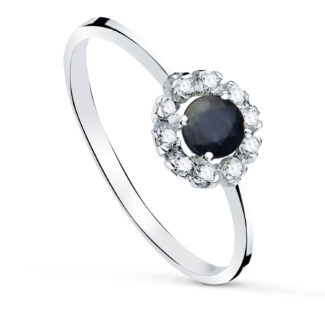 18K SORTIJA ORO BLANCO CON ZAFIRO 4MM Y 0,26 QTES Y CIRCONITAS, CUAJO 7 X 7 M