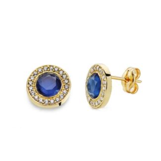18K PENDIENTES ORO AMARILLO PIEDRA AZUL, 5MM CIRCONITA CIERRE PRESION
