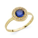 18K SORTIJA ORO AMARILLO MOTIVO REDONDO CON CIRCONITA AZUL Y BLANCAS, ANCHO: 9 MM