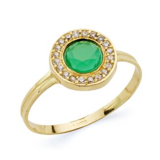 18K SORTIJA ORO AMARILLO REDONDO CON CIRCONITAS Y PIEDRA VERDE, MEDIDA: 9 MM