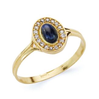 18K SORTIJA ORO AMARILLO OVAL CON CIRCONITAS Y PIEDRA AZUL, MEDIDA: 9X7 MM