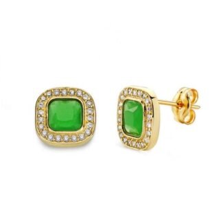 18K PENDIENTES ORO AMARILLO PIEDRA VERDE 9X9 MM CIERRE PRESION