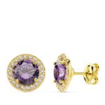 18K PENDIENTES ORO AMARILLO PIEDRA AMATISTA CIRCON, 9 MM CIERRE PRESION