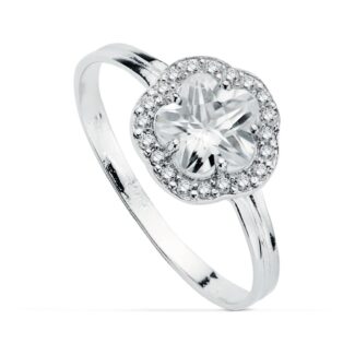 18K SORTIJA ORO BLANCO CON FLOR Y CIRCONITAS, ANCHO: 9 MM