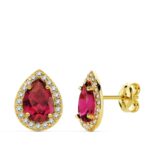 18K PENDIENTES ORO AMARILLO PIEDRA ROJA CIRCONITA 10X8 MM CIERRE PRESION