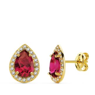 18K PENDIENTES ORO AMARILLO PIEDRA ROJA CIRCONITA 10X8 MM CIERRE PRESION