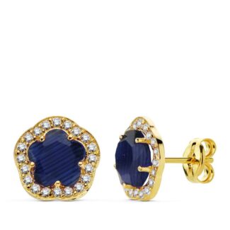 18K PENDIENTES ORO AMARILLO FLOR PIEDRA AZUL, 9X9 MM CIERRE PRESION
