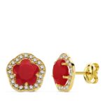 18K PENDIENTES ORO AMARILLO FLOR PIEDRA ROJA 9X9 MM CIERRE PRESION